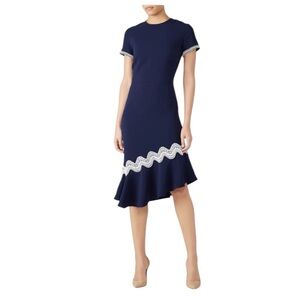 Shoshanna Navy Blue White Midi Dress Short Sleeve Classic Modern  Size 2